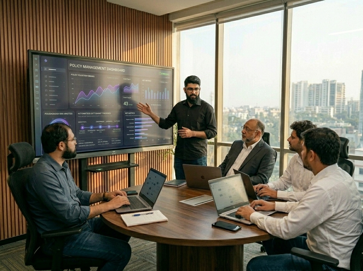 IHB Digital in-house engineering team presenting insurance architecture to executive leadership in Lahore